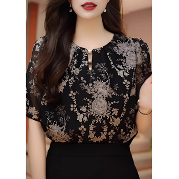 Шифонена риза с къс ръкав за жени, луксозно лятно облекло за майки, свободна и стилна риза, луксозен топ с флорален принт