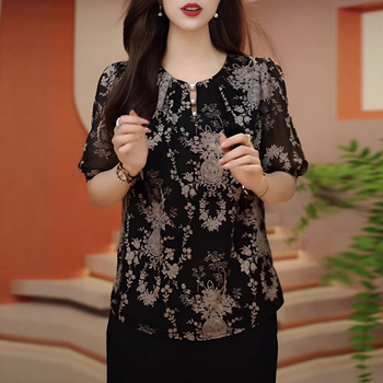 Шифонена риза с къс ръкав за жени, луксозно лятно облекло за майки, свободна и стилна риза, луксозен топ с флорален принт