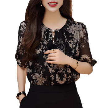 Шифонена риза с къс ръкав за жени, луксозно лятно облекло за майки, свободна и стилна риза, луксозен топ с флорален принт