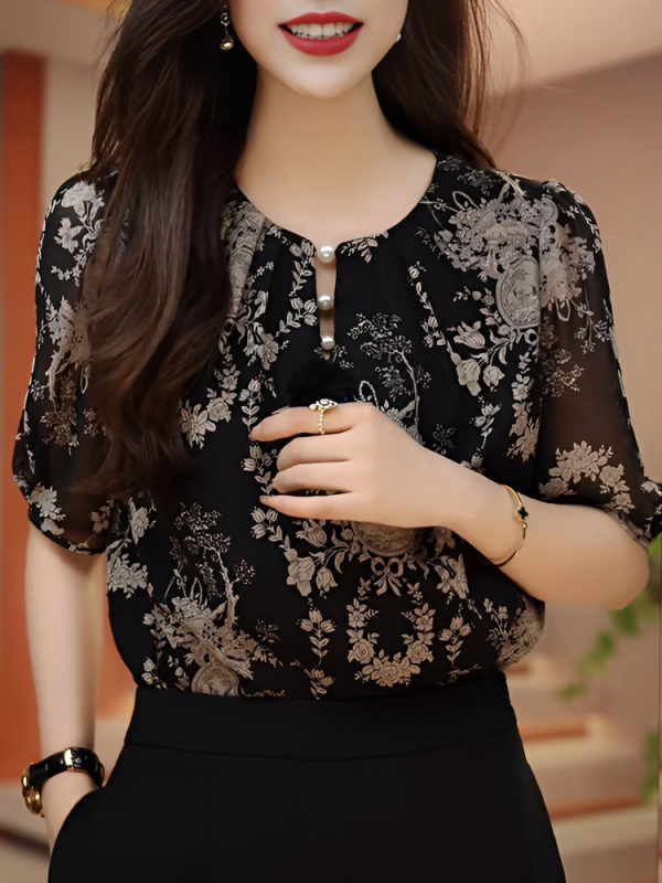 Šifono trumparankoviai moteriški marškiniai, prabangūs vasaros mamos drabužiai, laisvi ir stilingi marškiniai, prabangaus temperamento gėlėta palaidinė