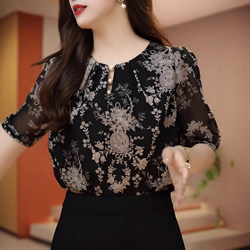 Šifono trumparankoviai moteriški marškiniai, prabangūs vasaros mamos drabužiai, laisvi ir stilingi marškiniai, prabangaus temperamento gėlėta palaidinė