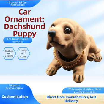 Tiesioginis gamyklinis dervos flocking imitacinių takso purtančios galvos šuns automobilio papuošalų tiekimas. Automobilių aksesuarai imitaciniai šunų papuošalai.