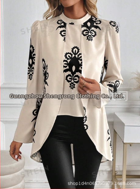 2025 Ново трансгранично износно европейско и американско облекло Пролетно-есенно най-продавано риза с дълъг ръкав и щампа с яка, ежедневни топове