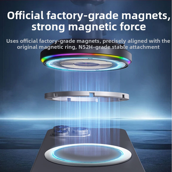 Jaunais bezvadu automašīnas lādētājs ar apaļām RGB gaismām, kas paredzētas Apple mobilo tālruņu bezvadu uzlādei ar Magsafe magnētisko sūkšanas funkciju.