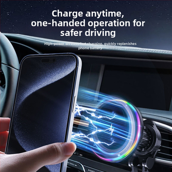 Jaunais bezvadu automašīnas lādētājs ar apaļām RGB gaismām, kas paredzētas Apple mobilo tālruņu bezvadu uzlādei ar Magsafe magnētisko sūkšanas funkciju.