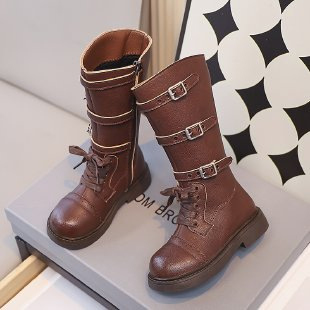 Laste kõrged saapad tüdrukutele 2024. aasta sügise uued Briti stiilis retro lääne stiilis nahksaapad pandlaga Korea stiilis tüdrukute nahksaapad