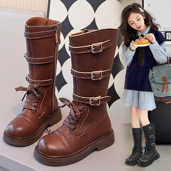 Laste kõrged saapad tüdrukutele 2024. aasta sügise uued Briti stiilis retro lääne stiilis nahksaapad pandlaga Korea stiilis tüdrukute nahksaapad