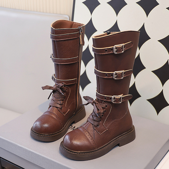 Laste kõrged saapad tüdrukutele 2024. aasta sügise uued Briti stiilis retro lääne stiilis nahksaapad pandlaga Korea stiilis tüdrukute nahksaapad