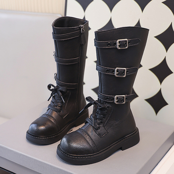 Laste kõrged saapad tüdrukutele 2024. aasta sügise uued Briti stiilis retro lääne stiilis nahksaapad pandlaga Korea stiilis tüdrukute nahksaapad