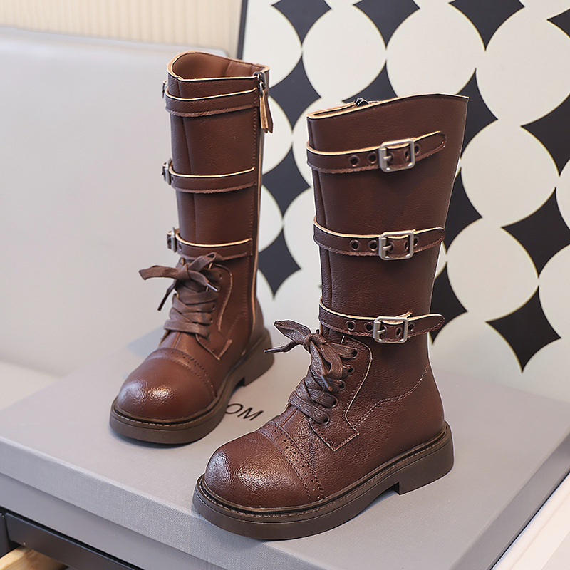 Laste kõrged saapad tüdrukutele 2024. aasta sügise uued Briti stiilis retro lääne stiilis nahksaapad pandlaga Korea stiilis tüdrukute nahksaapad