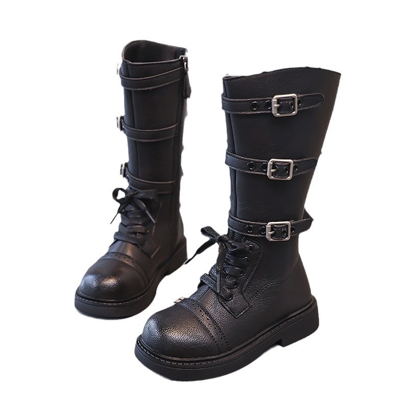 Laste kõrged saapad tüdrukutele 2024. aasta sügise uued Briti stiilis retro lääne stiilis nahksaapad pandlaga Korea stiilis tüdrukute nahksaapad