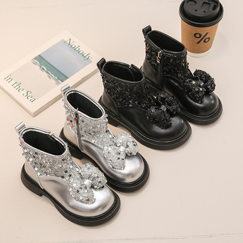 Dievčenské krátke čižmy, nové kožené čižmy v kórejskom štýle s krištáľovou mašľou pre dievčatá stredného veku a malé dievčatká, veľkoobchodné čižmy