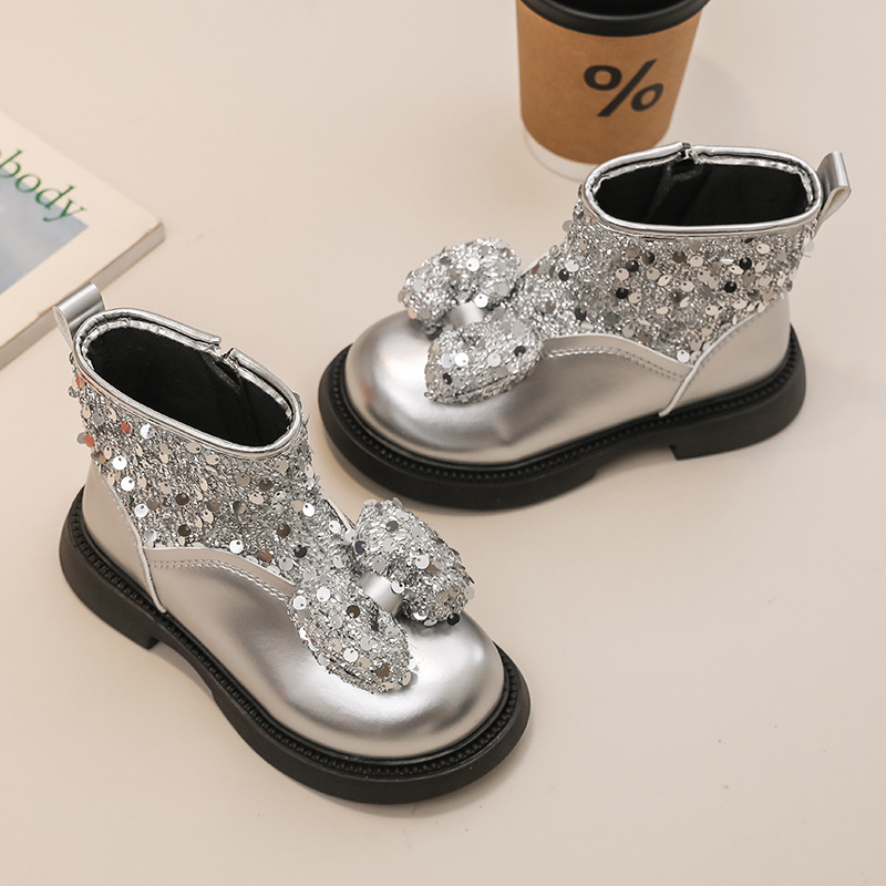 Dievčenské krátke čižmy, nové kožené čižmy v kórejskom štýle s krištáľovou mašľou pre dievčatá stredného veku a malé dievčatká, veľkoobchodné čižmy