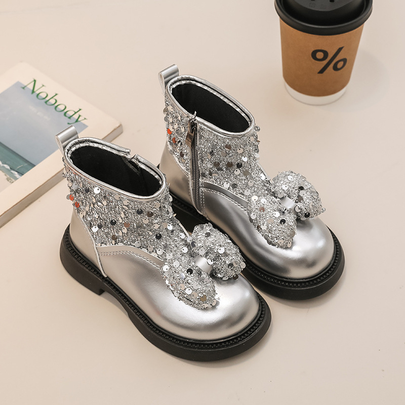 Dievčenské krátke čižmy, nové kožené čižmy v kórejskom štýle s krištáľovou mašľou pre dievčatá stredného veku a malé dievčatká, veľkoobchodné čižmy