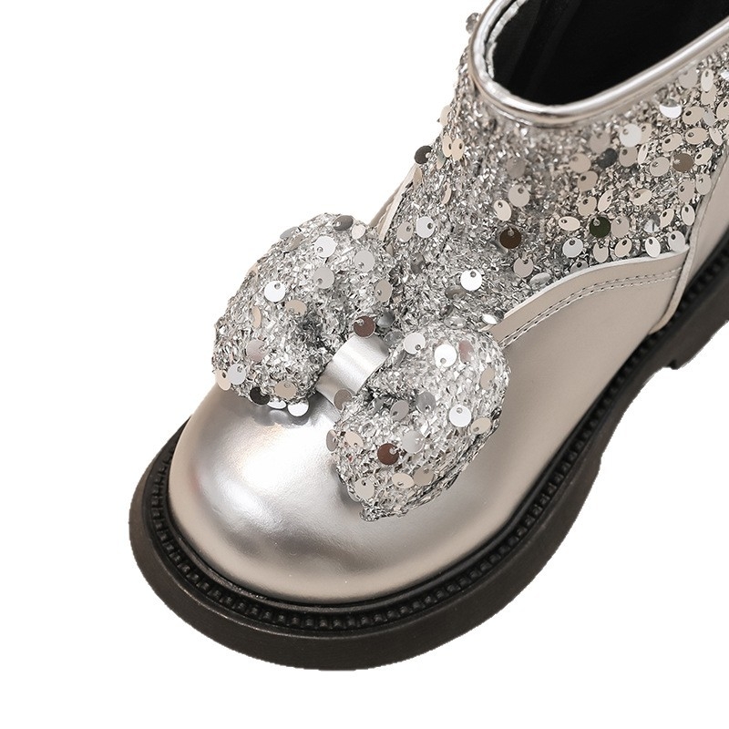 Dievčenské krátke čižmy, nové kožené čižmy v kórejskom štýle s krištáľovou mašľou pre dievčatá stredného veku a malé dievčatká, veľkoobchodné čižmy