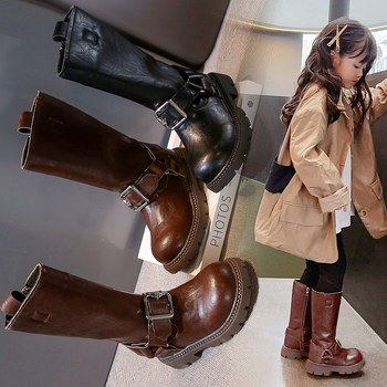 Meiteņu apavi Bērnu garie zābaki 2025. gada rudens un ziemas jauni augstcauruļu bruņinieku zābaki Modes Eiropas un Amerikas Martina zābaki Vidēja līdz liela izmēra