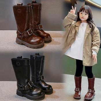 Meiteņu apavi Bērnu garie zābaki 2025. gada rudens un ziemas jauni augstcauruļu bruņinieku zābaki Modes Eiropas un Amerikas Martina zābaki Vidēja līdz liela izmēra