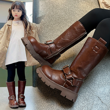 Meiteņu apavi Bērnu garie zābaki 2025. gada rudens un ziemas jauni augstcauruļu bruņinieku zābaki Modes Eiropas un Amerikas Martina zābaki Vidēja līdz liela izmēra