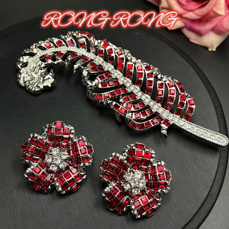 Vintage vintage rubin trodimenzionalne cvjetne naušnice s perjem, broš, elegantni nakit iz srednjeg vijeka