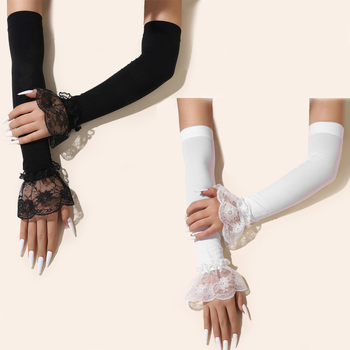 Naujos vasaros moteriškos ilgomis rankovėmis komplektas jojimo pirštinėms su apsauga nuo saulės, saldžiomis nėriniuotomis rankovėmis.