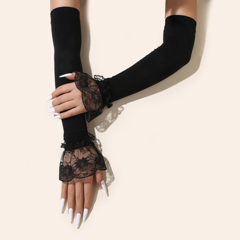 Naujos vasaros moteriškos ilgomis rankovėmis komplektas jojimo pirštinėms su apsauga nuo saulės, saldžiomis nėriniuotomis rankovėmis.