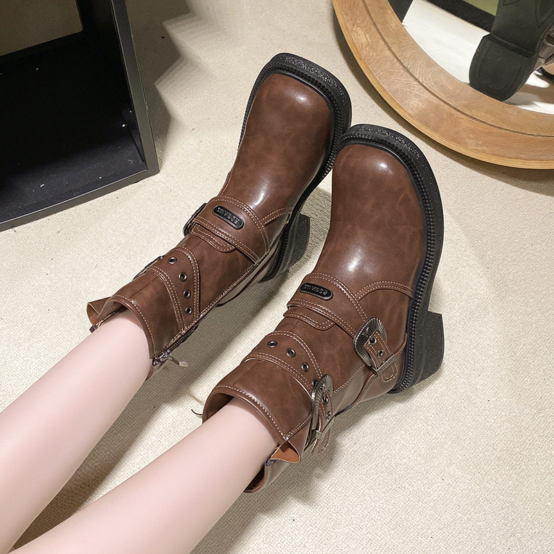 Moteriški „Knight Boots“ aulinukai, 2025 m. rudens ir žiemos nauji, kvadratiniai, storapadiai, britiško stiliaus, su diržo sagtimi, užtrauktuku šone, storu kulnu, universalūs, trumpi aulinukai.