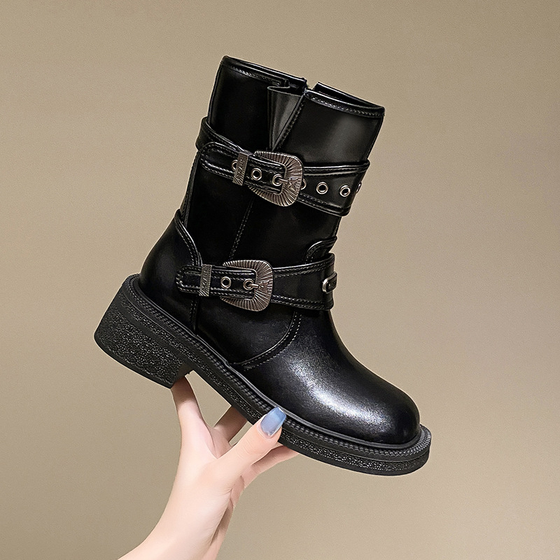 Moteriški „Knight Boots“ aulinukai, 2025 m. rudens ir žiemos nauji, kvadratiniai, storapadiai, britiško stiliaus, su diržo sagtimi, užtrauktuku šone, storu kulnu, universalūs, trumpi aulinukai.