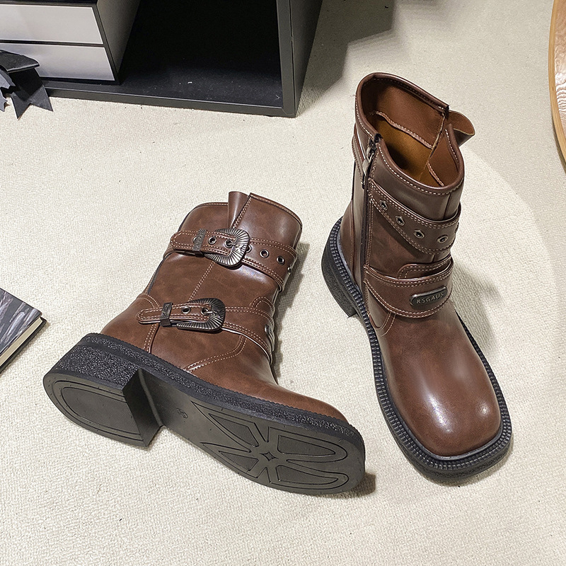 Moteriški „Knight Boots“ aulinukai, 2025 m. rudens ir žiemos nauji, kvadratiniai, storapadiai, britiško stiliaus, su diržo sagtimi, užtrauktuku šone, storu kulnu, universalūs, trumpi aulinukai.