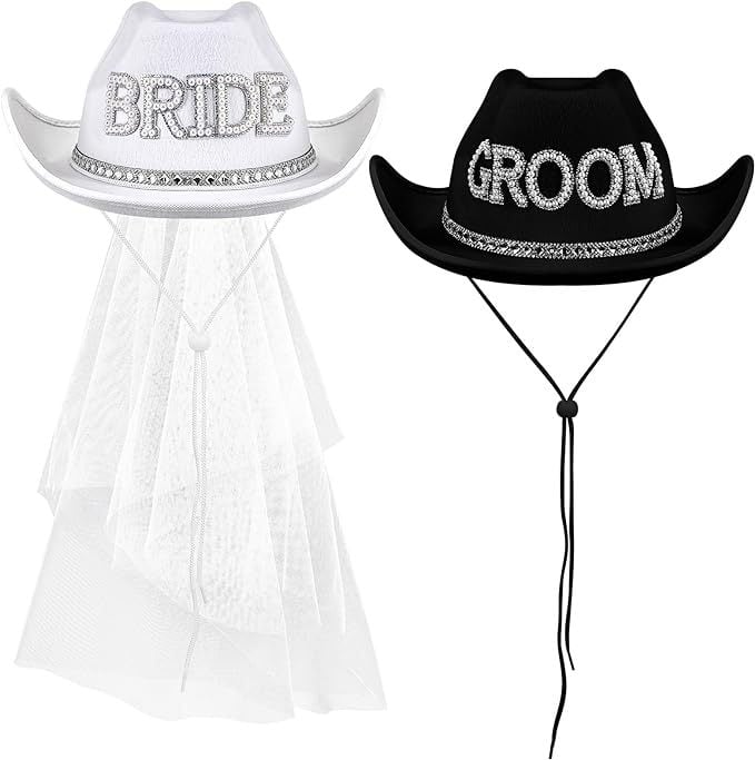 Mireasă transfrontalieră Amazon, diamant, voal alb-negru, pălărie de cowboy, nuntă, petrecere a burlacilor, festival