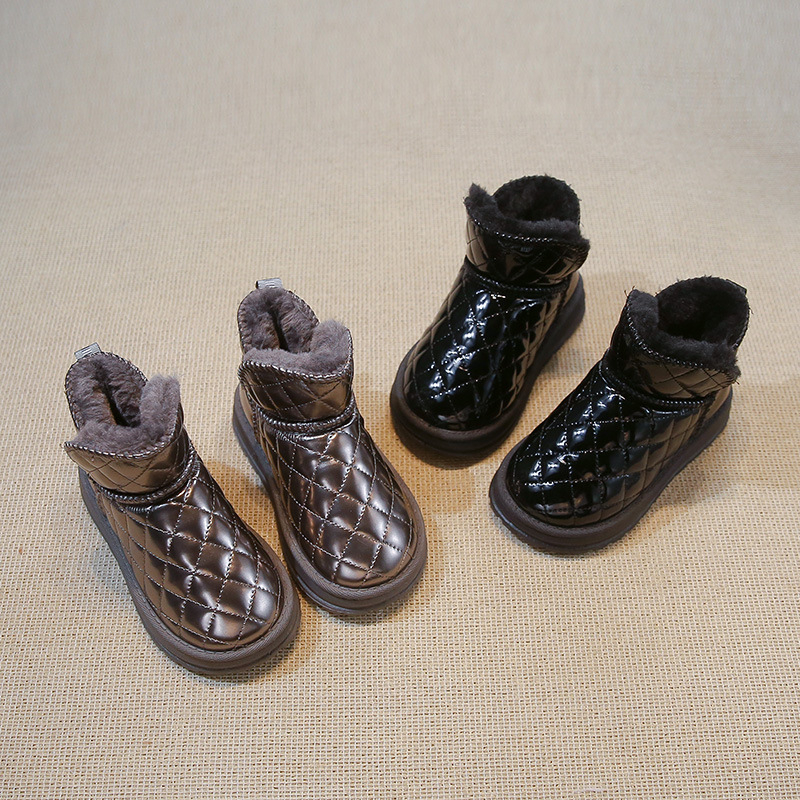 Bērnu sniega zābaki ziemas jauna stila uzvelkamie flīsa oderēti sabiezēti potīšu zābaki ādas ūdensnecaurlaidīgi ziemeļaustrumu lielie kokvilnas apavi zēniem un meitenēm