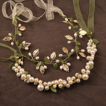 Mori stílusú szalagok hajpánt pásztor stílusú gyöngy zöld levelek előadás koszorú lány menyasszony esküvői hajdíszek