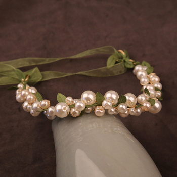 Mori stílusú szalagok hajpánt pásztor stílusú gyöngy zöld levelek előadás koszorú lány menyasszony esküvői hajdíszek