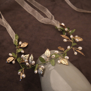 Mori stílusú szalagok hajpánt pásztor stílusú gyöngy zöld levelek előadás koszorú lány menyasszony esküvői hajdíszek