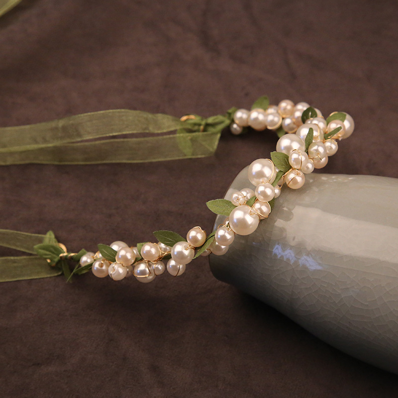 Mori stílusú szalagok hajpánt pásztor stílusú gyöngy zöld levelek előadás koszorú lány menyasszony esküvői hajdíszek