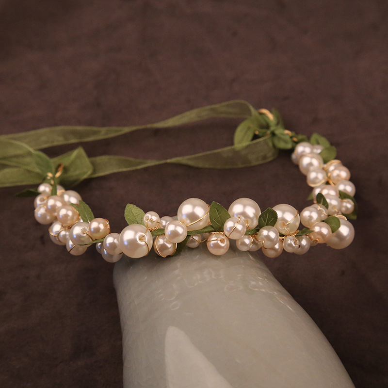 Mori stílusú szalagok hajpánt pásztor stílusú gyöngy zöld levelek előadás koszorú lány menyasszony esküvői hajdíszek