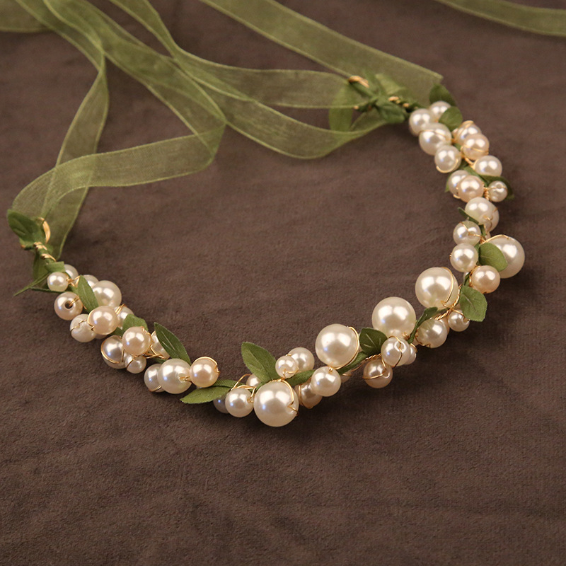 Mori stílusú szalagok hajpánt pásztor stílusú gyöngy zöld levelek előadás koszorú lány menyasszony esküvői hajdíszek