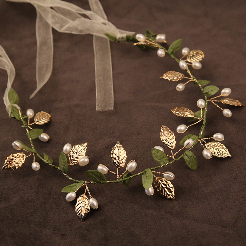 Mori stílusú szalagok hajpánt pásztor stílusú gyöngy zöld levelek előadás koszorú lány menyasszony esküvői hajdíszek