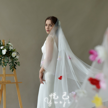 Новият мечтателен булчински воал на Yueji, двуслоен, романтичен, цветен, стерео, цветен, сертификатен воал, сватбени аксесоари Yjv276
