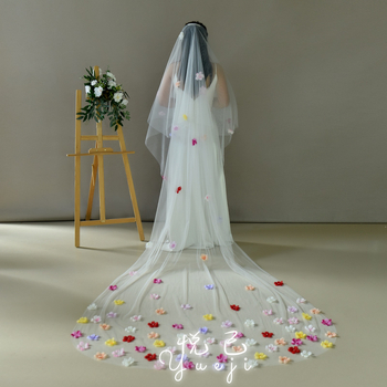 Новият мечтателен булчински воал на Yueji, двуслоен, романтичен, цветен, стерео, цветен, сертификатен воал, сватбени аксесоари Yjv276