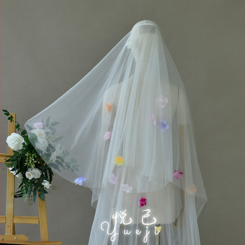 Новият мечтателен булчински воал на Yueji, двуслоен, романтичен, цветен, стерео, цветен, сертификатен воал, сватбени аксесоари Yjv276