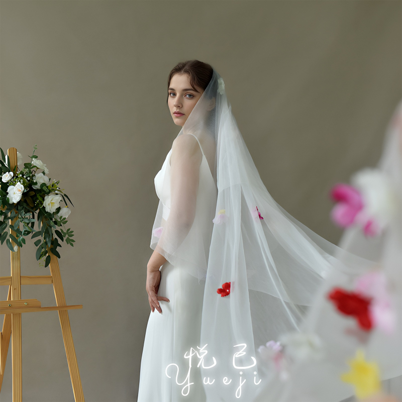 Новият мечтателен булчински воал на Yueji, двуслоен, романтичен, цветен, стерео, цветен, сертификатен воал, сватбени аксесоари Yjv276