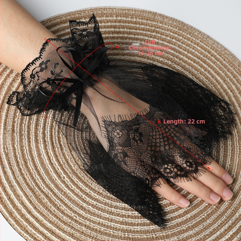 Черен мрежест ръкав с голяма дантела и панделка за Хелоуин, костюм Лолита с аниме, тънки мигли и дантела, фалшив ръкав