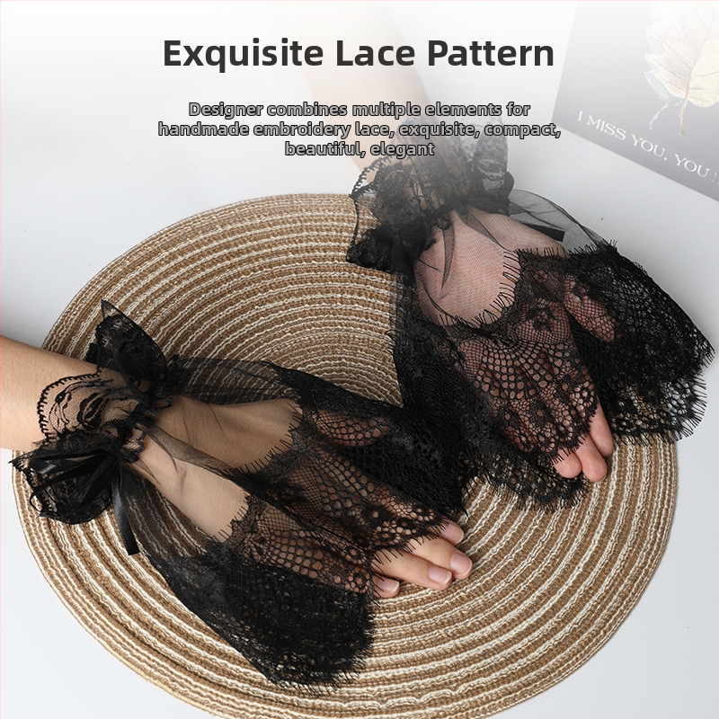 Черен мрежест ръкав с голяма дантела и панделка за Хелоуин, костюм Лолита с аниме, тънки мигли и дантела, фалшив ръкав