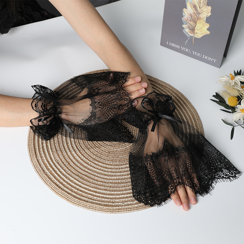 Черен мрежест ръкав с голяма дантела и панделка за Хелоуин, костюм Лолита с аниме, тънки мигли и дантела, фалшив ръкав