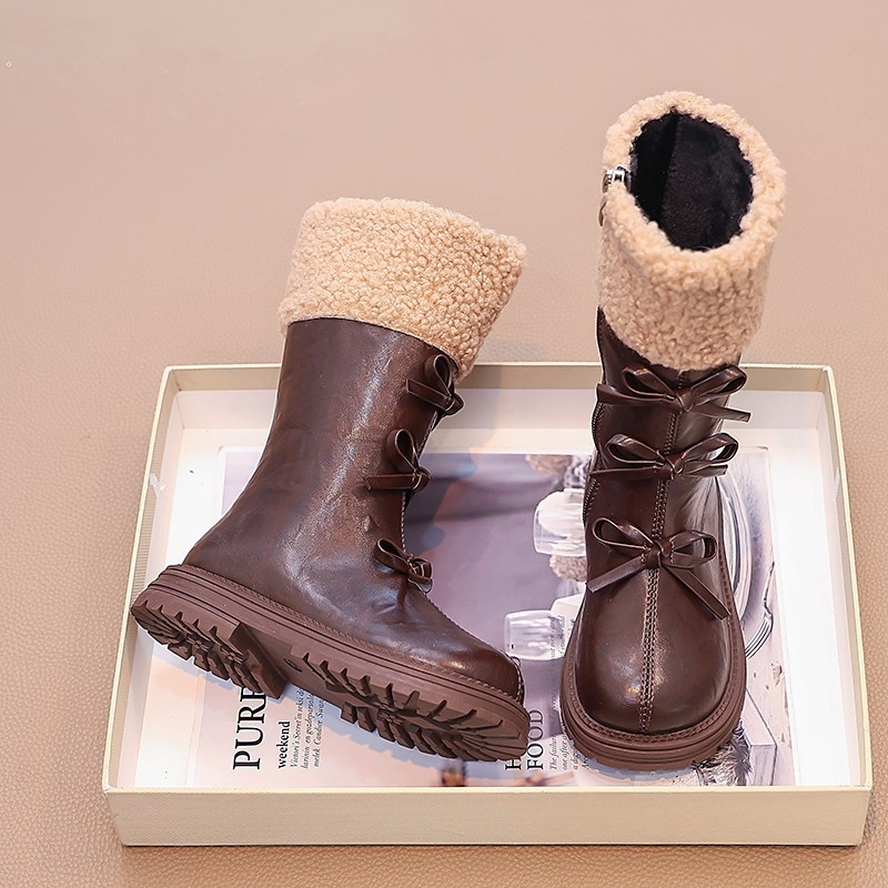 Meiteņu garie zābaki Martins 2024. gada jaunie rudens un ziemas bērnu garie zābaki ar vilnas oderi, sieviešu mazuļu ārzemju stila princeses ādas zābaki