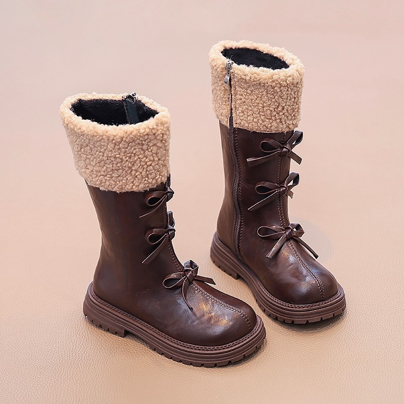 Meiteņu garie zābaki Martins 2024. gada jaunie rudens un ziemas bērnu garie zābaki ar vilnas oderi, sieviešu mazuļu ārzemju stila princeses ādas zābaki