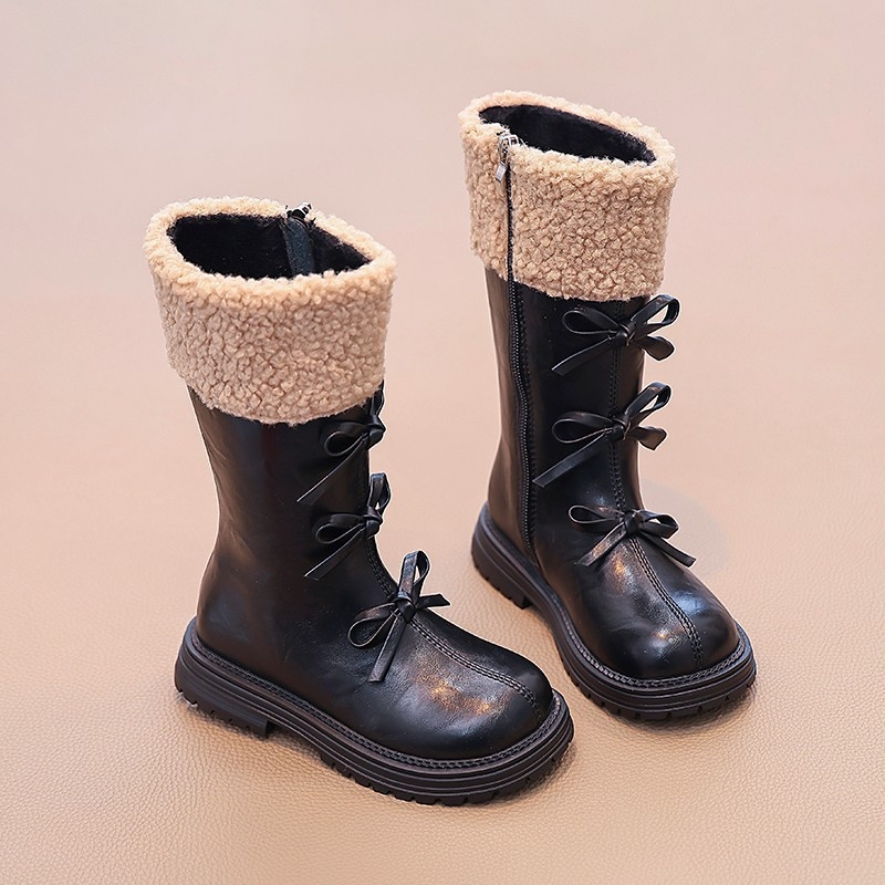 Meiteņu garie zābaki Martins 2024. gada jaunie rudens un ziemas bērnu garie zābaki ar vilnas oderi, sieviešu mazuļu ārzemju stila princeses ādas zābaki