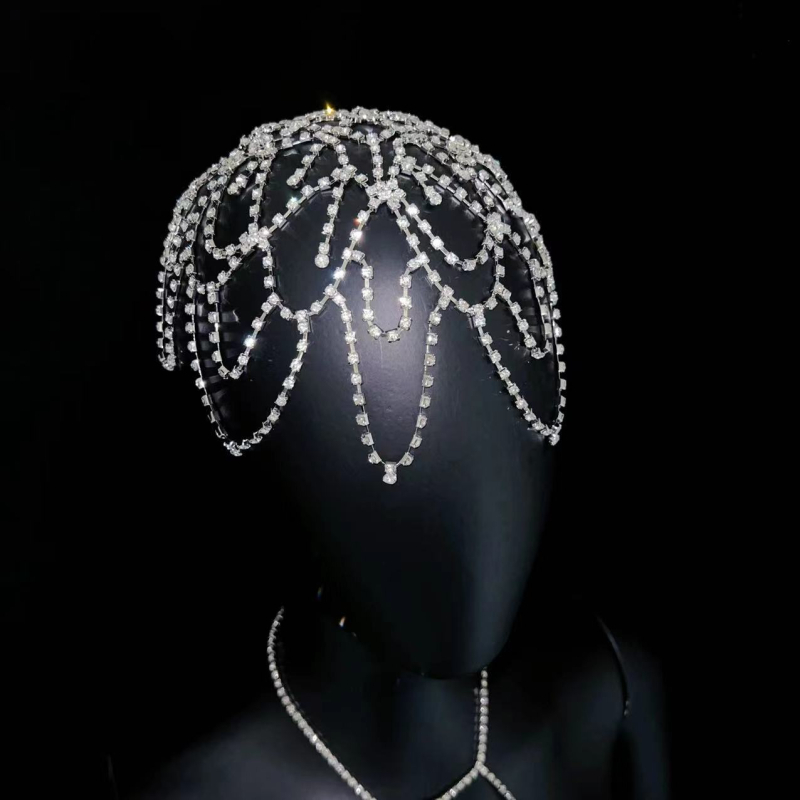 2024 m. tarpvalstybinė karšto letenėlės grandinėlės tinklelio skrybėlė europietiško stiliaus vestuvinė suknelė su plaukų aksesuarais, aukso ir sidabro spalvos, perdėti papuošalų aksesuarai