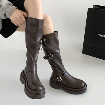 Rudi retro stiliaus storapadiai moteriški ilgaauliai batai, 2025 m. nauji vasaros ūgį didinantys liekninantys britiško stiliaus jojimo batai