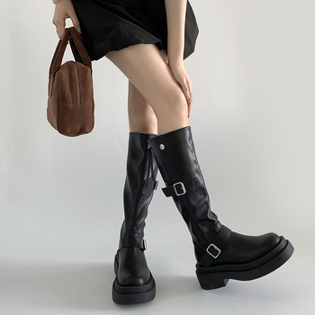 Rudi retro stiliaus storapadiai moteriški ilgaauliai batai, 2025 m. nauji vasaros ūgį didinantys liekninantys britiško stiliaus jojimo batai
